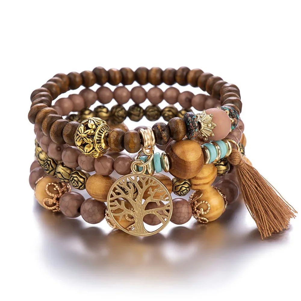 Tree of Life Bracelets for Women Bohemian Stretch Wood Beaded Bracelets for Women Boho Tassel Bracelet Multilayer Stackable Bracelets Christmas Birthday Jewelry for women.