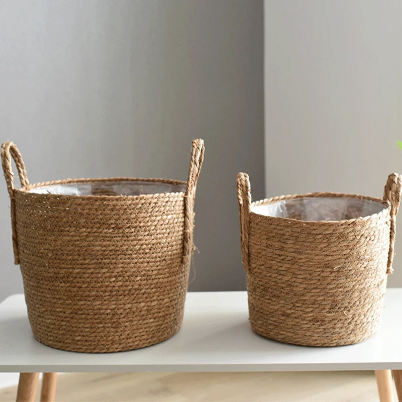 Plant Basket, Plant Baskets Indoor with Plastic Liner, Water Hyacinth Woven Planters Flower Basket, Planter Basket for Rustic Boho Home Farmhouse Floor Potted Pots Decor