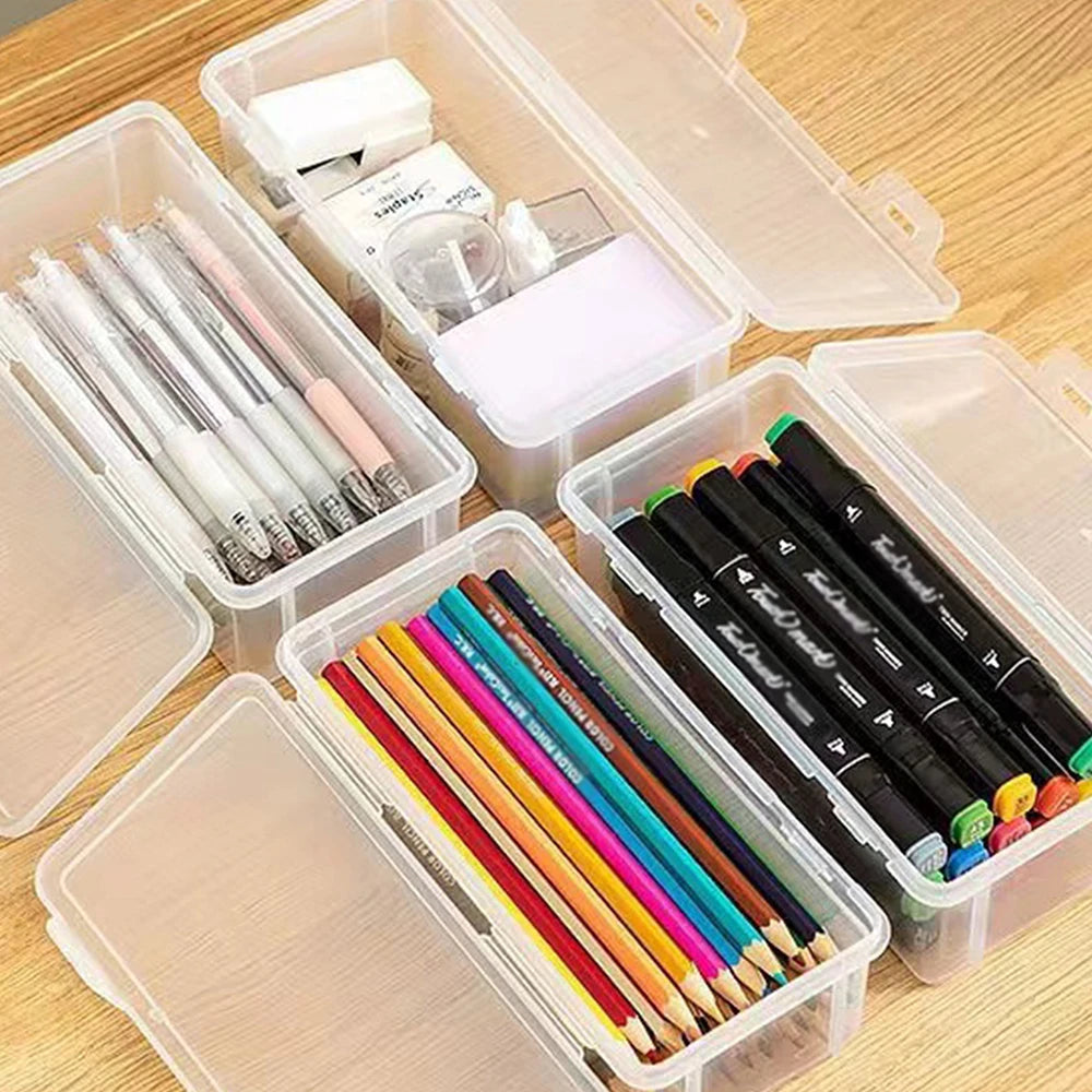 1 Pack Pencil Case, Clear Pencil Box with Stickers, Large Plastic Crayon Box with Snap-tight Lid, Stackable Storage Box Art Craft Marker Organizer Box for Kids Boys Back to School, Clear