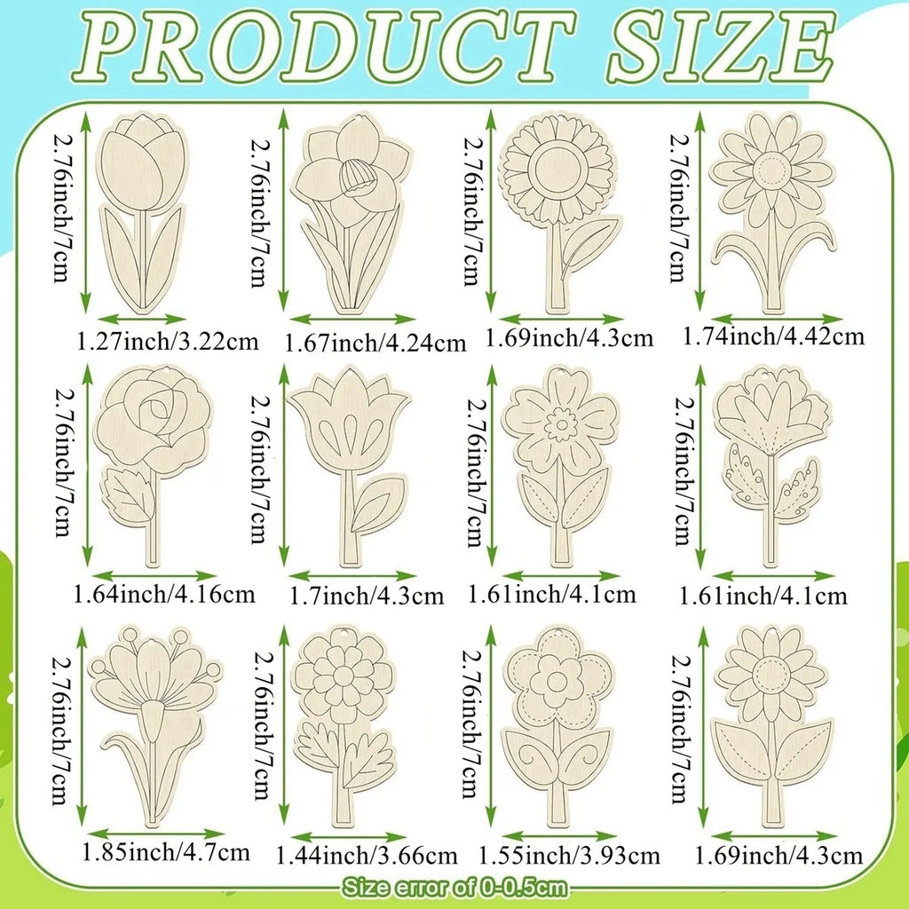 12pcs Unfinished Wood Spring Flowers Cut Outs, Kids' Handmade Cutouts Flowers Craft Blank Wooden Art Crafts Flowers Decoration Flower Handicraft for Kids Home School Party Ornaments
