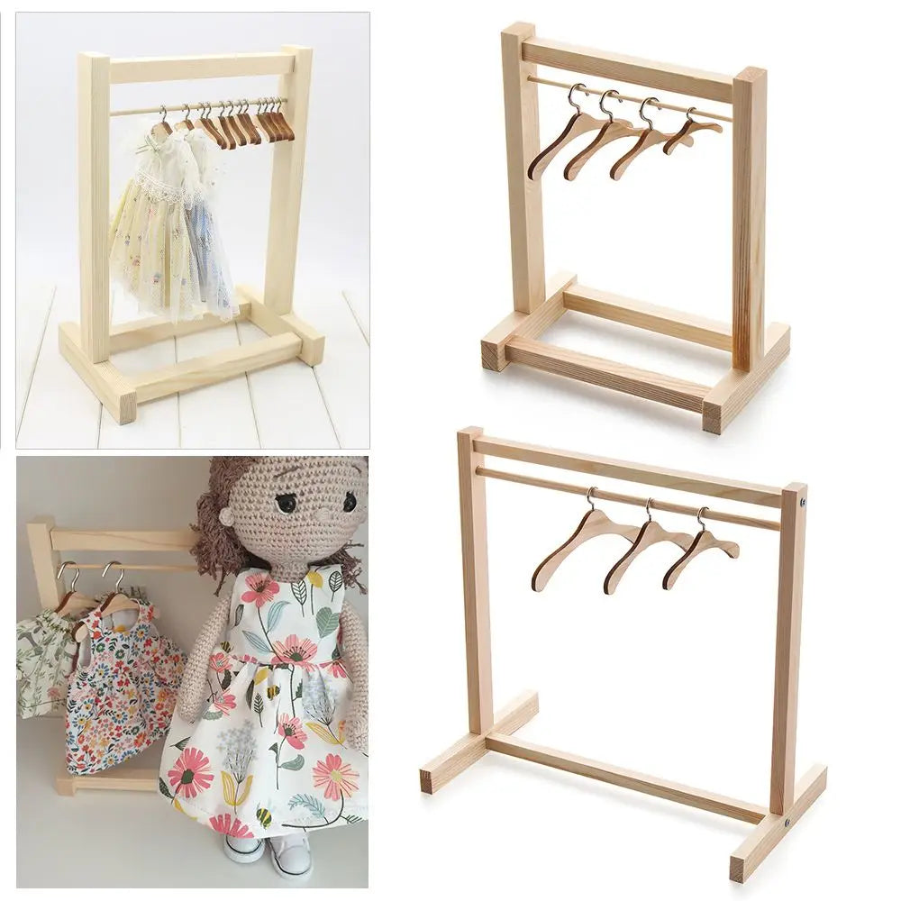 Doll Garment Rack with Wooden Clothes Hanger for 18 Inch Girl Doll Clothes Mini Hangers Wardrobe Furniture Accessories for Dollhouse Baby Shower Supplies (Wood)
