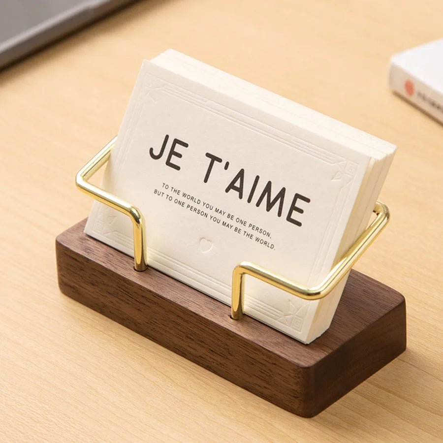 Wooden Business Card Holder, Business Card Holder for Desk with Golden Accents, Display Stand Postcard Holder for Office Home Desktop, Office Desk Accessories for Men and Women