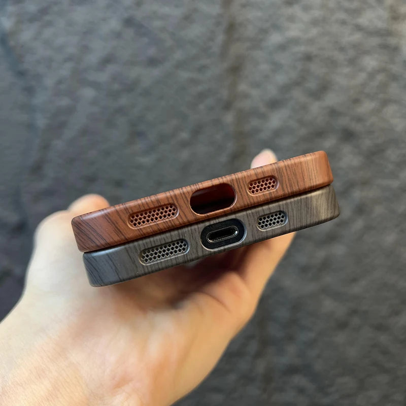 Wood Grain Large Window Magnetic Wireless Charging Case for iPhone 11 12 13 14 Pro Max Plus Camera Protection Cover,Brown,for iPhone 12