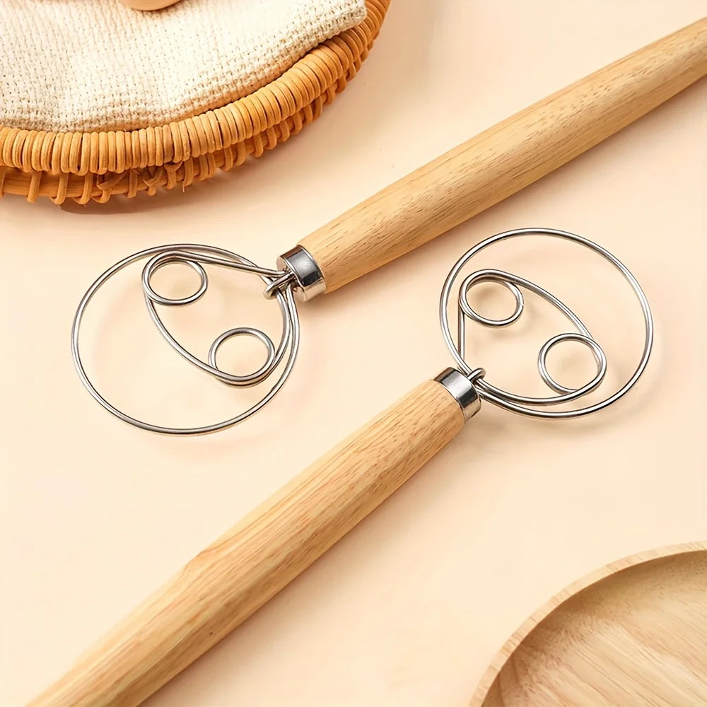 Danish Dough Whisk Stainless Steel Dough Hook Dutch Whisk for Sourdough Bread Dough Mixer Hand Wooden Handle Kitchen Whisking Mixing Tool Bread Making Tools and Supplies