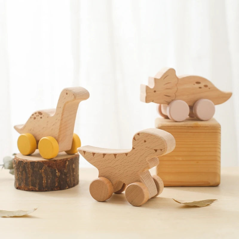 Wooden Dinosaur Cars Montessori Toys for Babies Baby Push Car Toys Wooden Toy Vehicles Development and Infant Grasping Montessori Toys