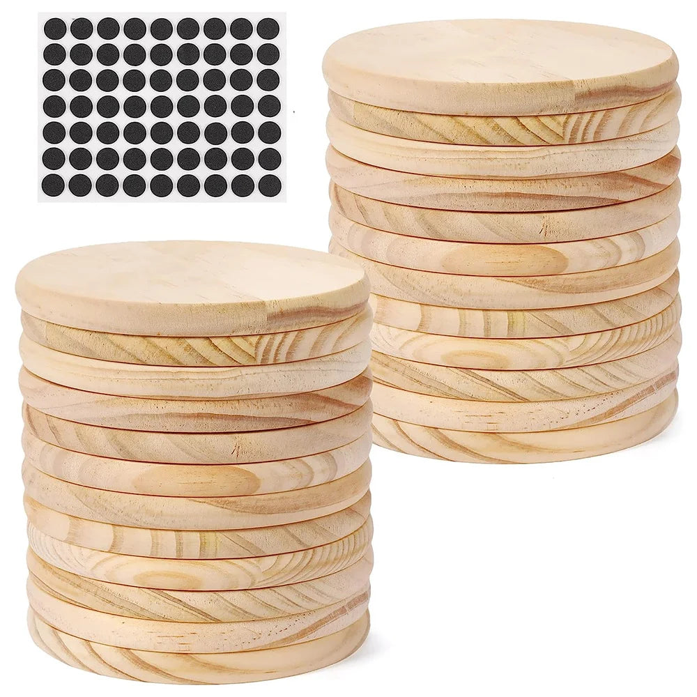 5pc Unfinished Round Wood Coasters, SIJDIEE 4 Inch Blank Wooden Coaster Crafts with Non-Slip Silicon Dots for DIY Stained Painting Wood Engraving Home Decoration