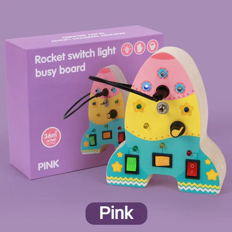 Busy Board Montessori Toys for Toddler, Wooden Sensory Board Switch Toy with Shape Sorter LED Light Up Toys Educational Plane Travel Activity for Girls & Boys