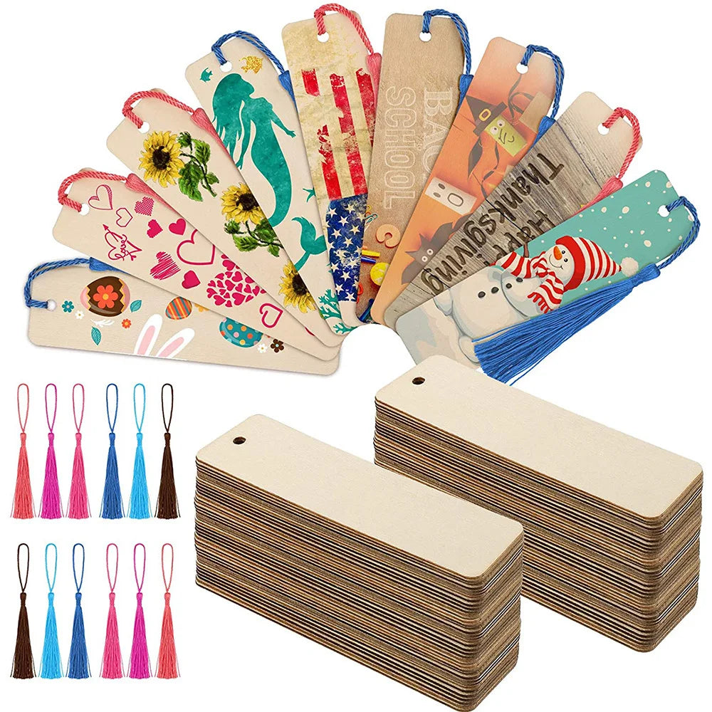 10/20/40/60 Pieces Wood Bookmark Blank Bulk Unfinished Bookmarks with Tassels DIY Craft Wooden Hanging Tag Ornaments with Holes for Back to School Classroom Christmas Gift