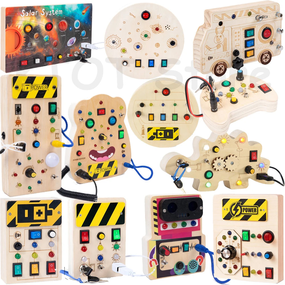Busy Board Montessori Toys for Toddler, Wooden Sensory Board Switch Toy with Shape Sorter LED Light Up Toys Educational Plane Travel Activity for Girls & Boys