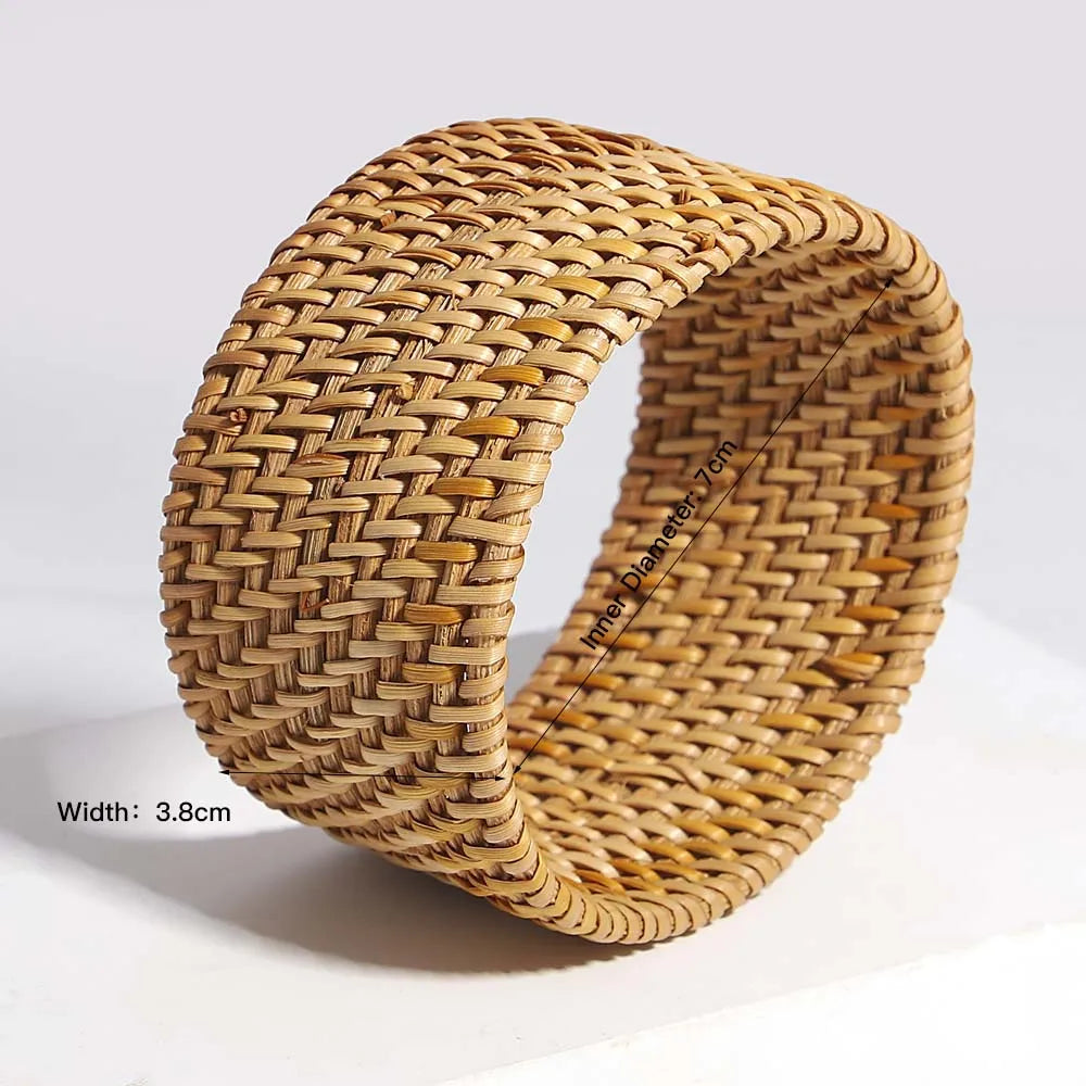 Handwoven Wooden Braided Rattan Knit Cuff Bracelet Natural Bamboo Square Round Geometric Chunky Wrap Bangle for Women Ethnic Tribal Wrist Jewelry