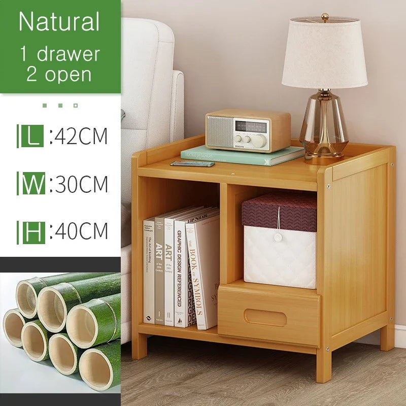 Rattan Nightstand, Boho Side Table with Drawer Open Shelf, Cane Accent Bedside End Table with Solid Wood Legs for Bedroom, Dorm and Small Spaces