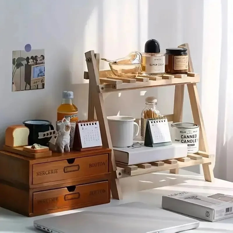 2-Step Desktop Storage Organizer Foldable 2 Tier Ladder Plant Stand Wood Display Shelf Decorative Storage Rack for Table Top