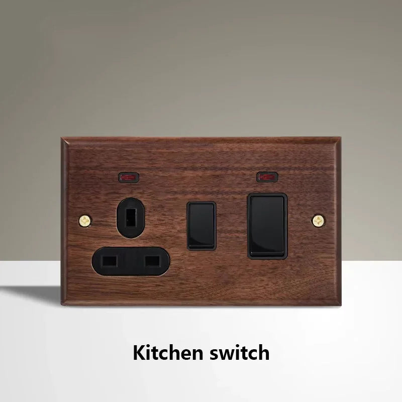 Black Walnut Wood Toggle Light Switch,Home retro Brass Panel,FR UK Universal Double USB Wall Electrical Socket Vintage Switch