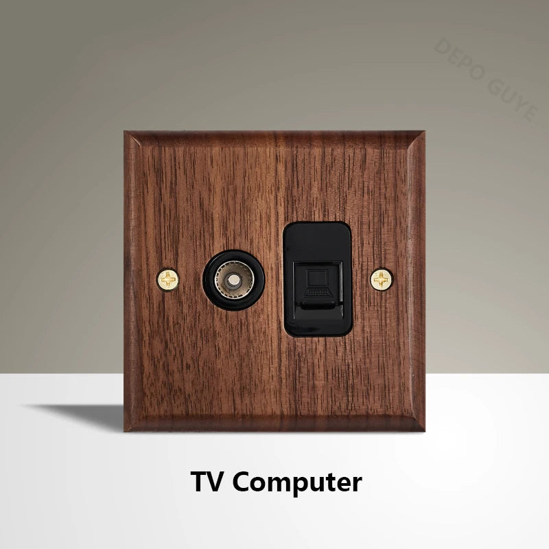 Black Walnut Wood Toggle Light Switch,Home retro Brass Panel,FR UK Universal Double USB Wall Electrical Socket Vintage Switch