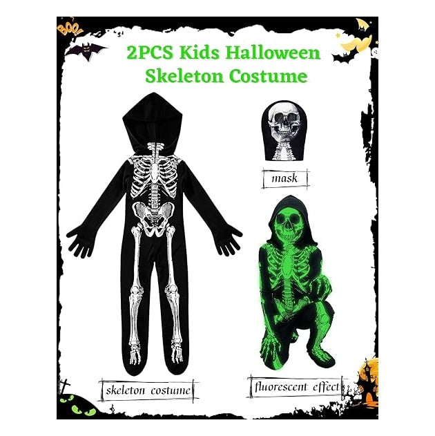 Kids Halloween Glow in the Dark Skeleton Costume Scary Bones Jumpsuit