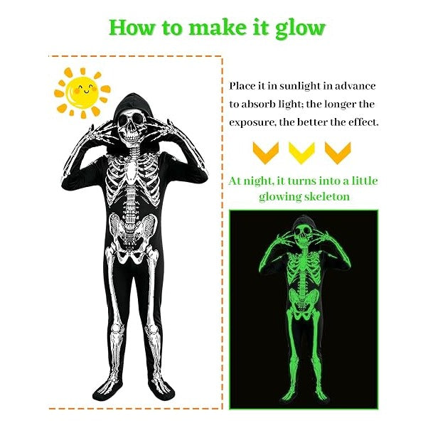 Kids Halloween Glow in the Dark Skeleton Costume Scary Bones Jumpsuit