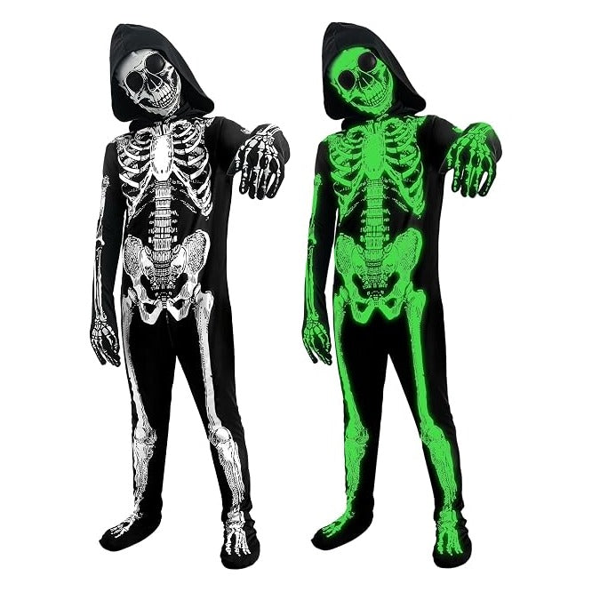 Kids Halloween Glow in the Dark Skeleton Costume Scary Bones Jumpsuit