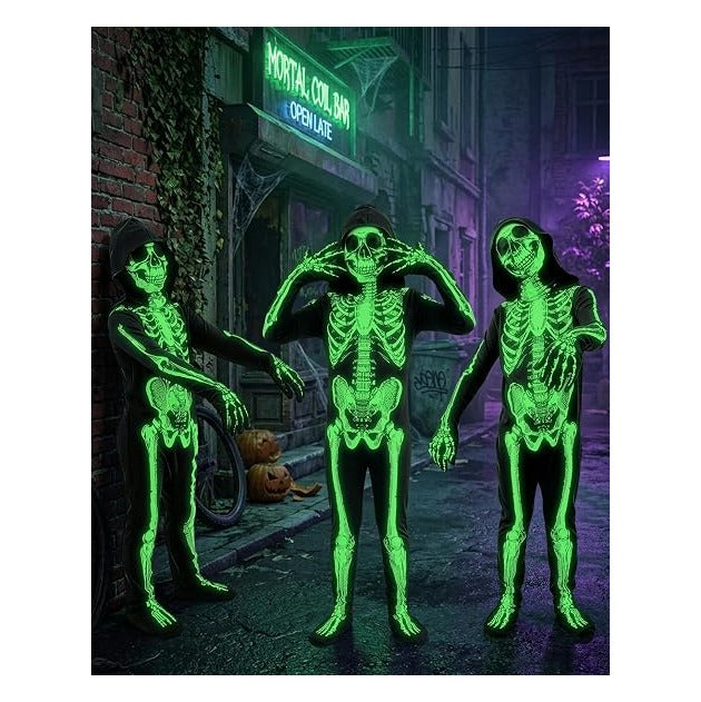 Kids Halloween Glow in the Dark Skeleton Costume Scary Bones Jumpsuit