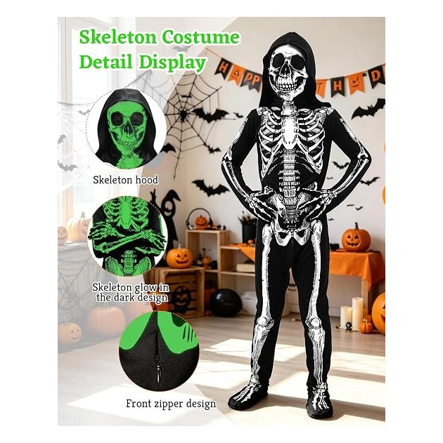 Kids Halloween Glow in the Dark Skeleton Costume Scary Bones Jumpsuit