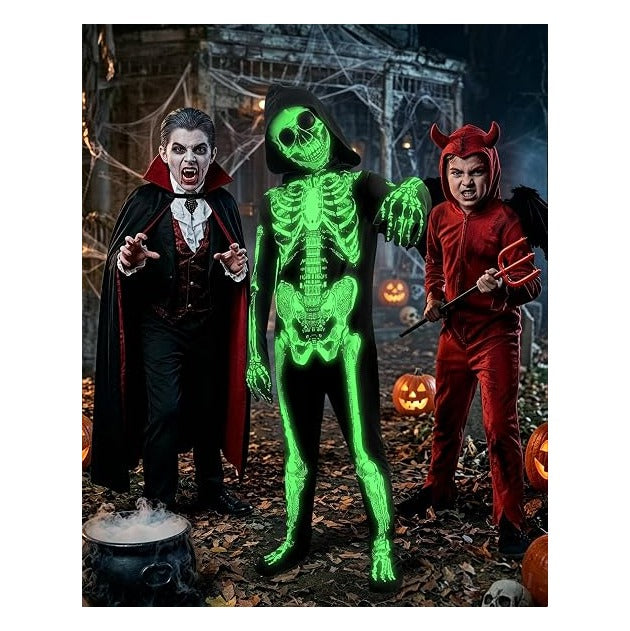 Kids Halloween Glow in the Dark Skeleton Costume Scary Bones Jumpsuit
