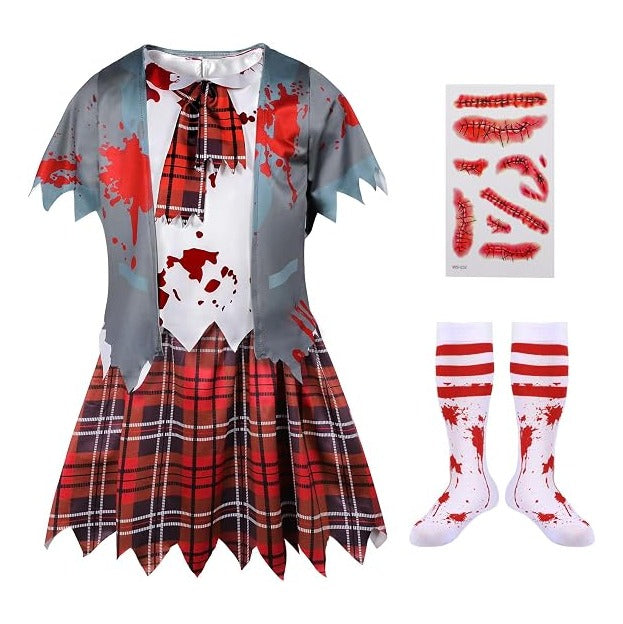 Girls Zombie Schoolgirl Costume for Halloween, Bloody School Uniform Outfit, Scary Costume for Kids Ages 5-14