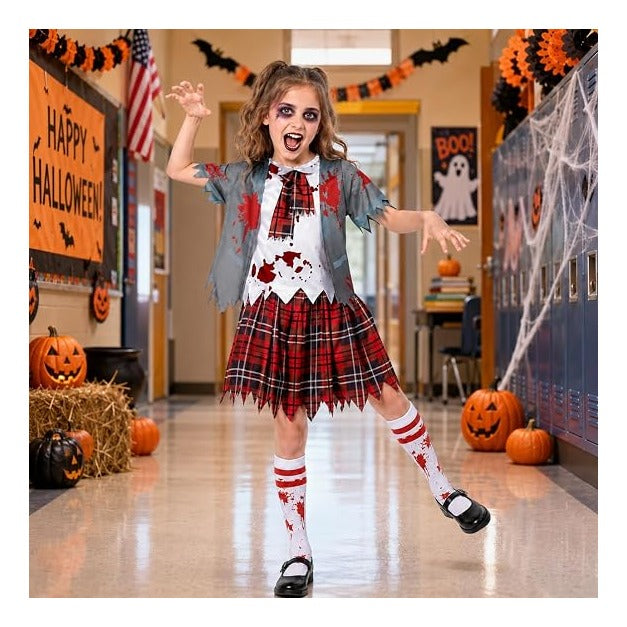 Girls Zombie Schoolgirl Costume for Halloween, Bloody School Uniform Outfit, Scary Costume for Kids Ages 5-14
