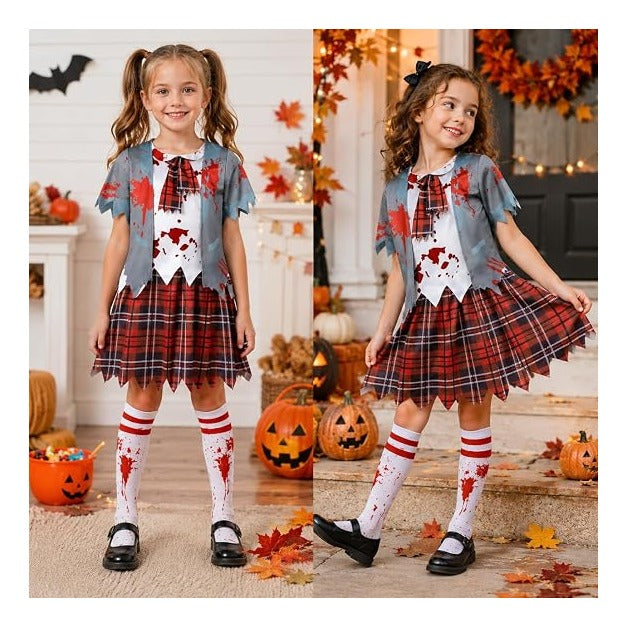 Girls Zombie Schoolgirl Costume for Halloween, Bloody School Uniform Outfit, Scary Costume for Kids Ages 5-14