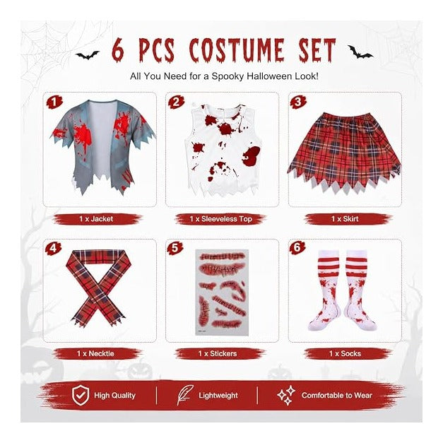 Girls Zombie Schoolgirl Costume for Halloween, Bloody School Uniform Outfit, Scary Costume for Kids Ages 5-14