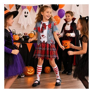Girls Zombie Schoolgirl Costume for Halloween, Bloody School Uniform Outfit, Scary Costume for Kids Ages 5-14