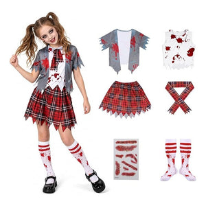 Girls Zombie Schoolgirl Costume for Halloween, Bloody School Uniform Outfit, Scary Costume for Kids Ages 5-14