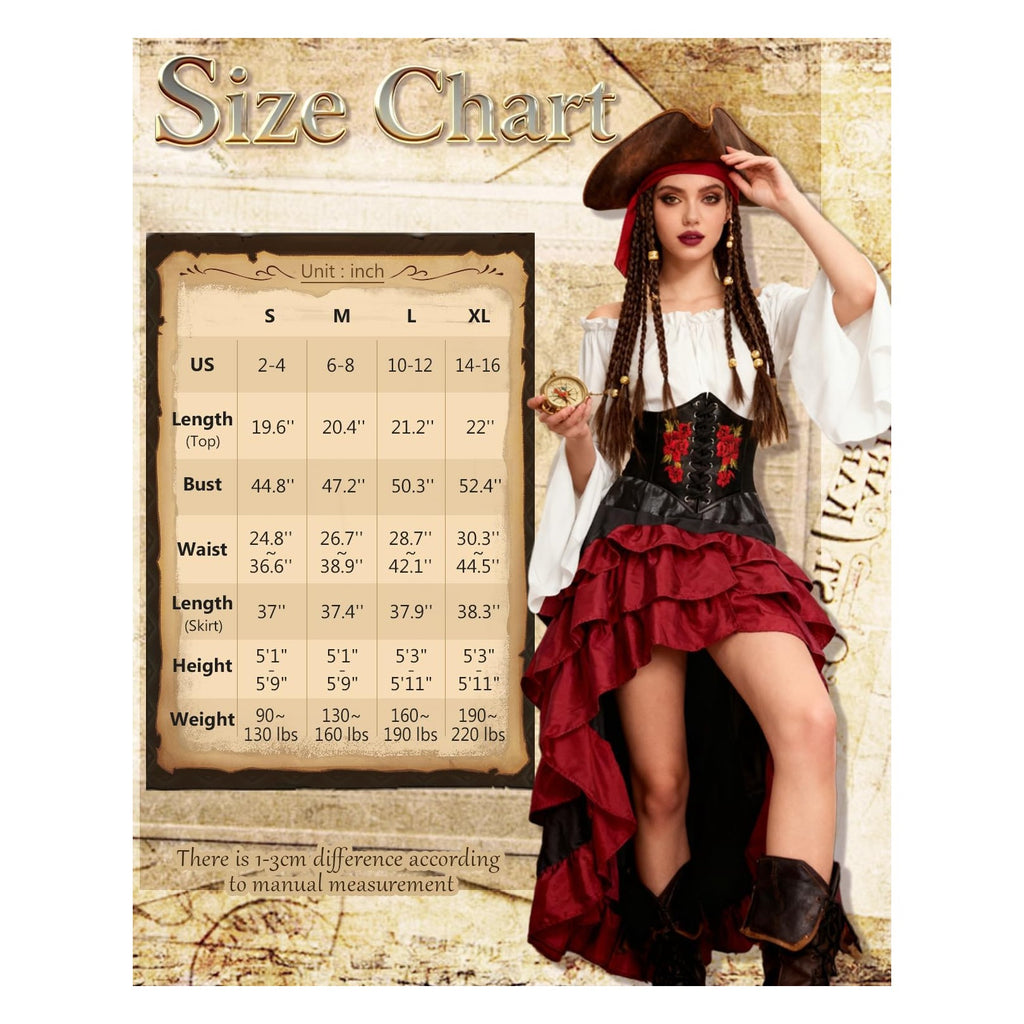Women's Renaissance Pirate Wench Costume with Corset, Skirt & Blouse