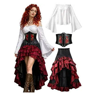 Women's Renaissance Pirate Wench Costume with Corset, Skirt & Blouse