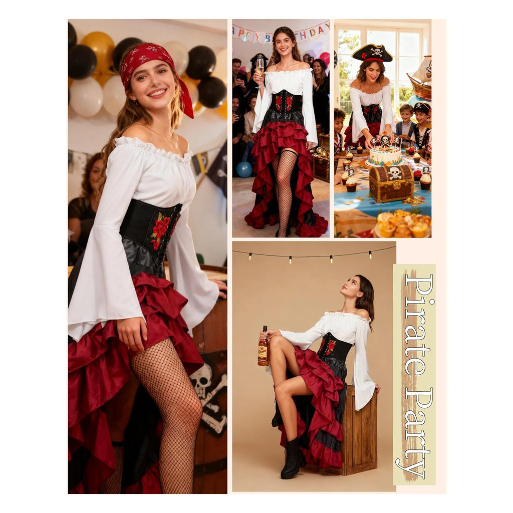 Women's Renaissance Pirate Wench Costume with Corset, Skirt & Blouse