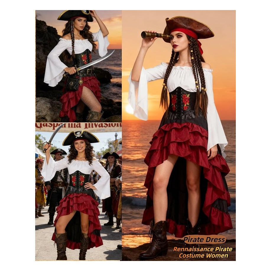 Women's Renaissance Pirate Wench Costume with Corset, Skirt & Blouse