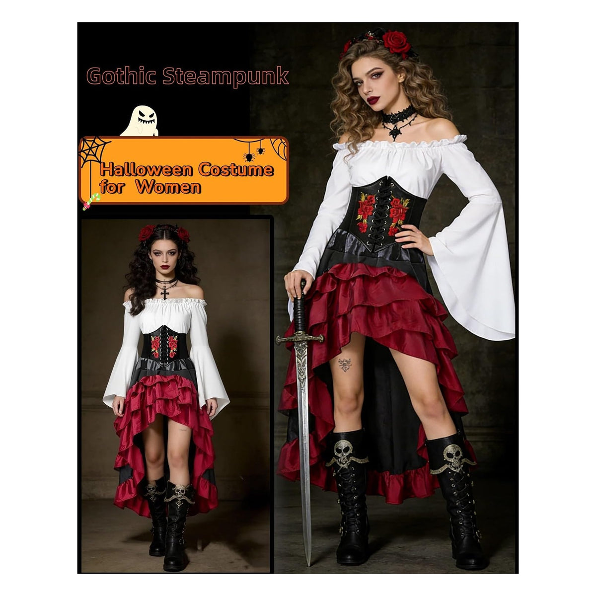 Women's Renaissance Pirate Wench Costume with Corset, Skirt & Blouse