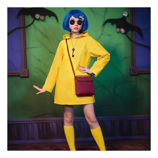 Mystical Adventure Costume Set for Women & Teens, Blue Wig, Yellow Raincoat & Socks, Crossbody Bag, Button Glasses, Key Necklace– Perfect for Halloween, Cosplay Themed Parties
