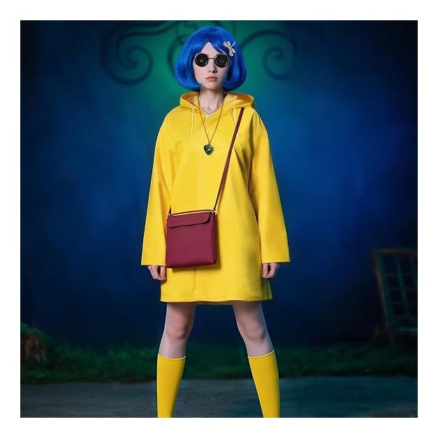 Mystical Adventure Costume Set for Women & Teens, Blue Wig, Yellow Raincoat & Socks, Crossbody Bag, Button Glasses, Key Necklace– Perfect for Halloween, Cosplay Themed Parties