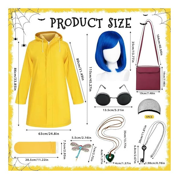 Mystical Adventure Costume Set for Women & Teens, Blue Wig, Yellow Raincoat & Socks, Crossbody Bag, Button Glasses, Key Necklace– Perfect for Halloween, Cosplay Themed Parties