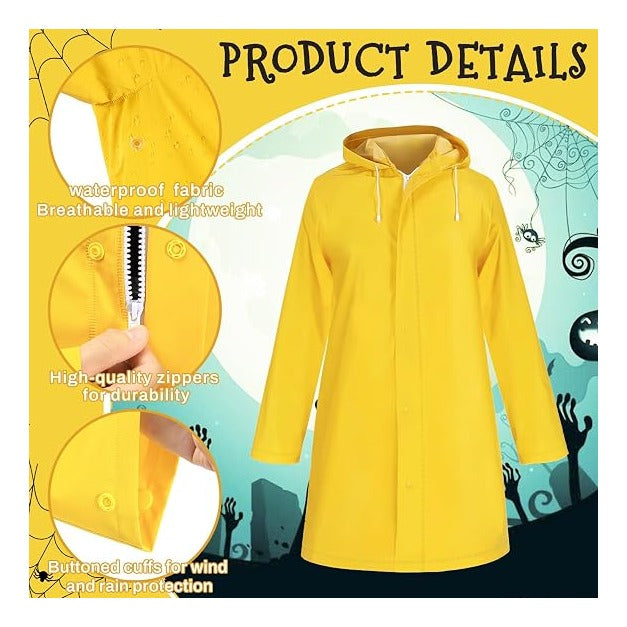 Mystical Adventure Costume Set for Women & Teens, Blue Wig, Yellow Raincoat & Socks, Crossbody Bag, Button Glasses, Key Necklace– Perfect for Halloween, Cosplay Themed Parties