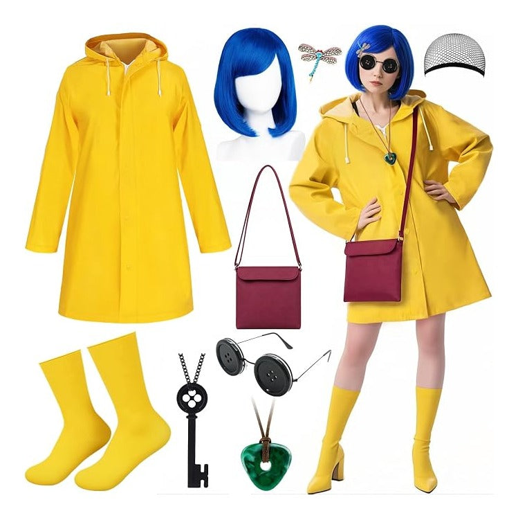 Mystical Adventure Costume Set for Women & Teens, Blue Wig, Yellow Raincoat & Socks, Crossbody Bag, Button Glasses, Key Necklace– Perfect for Halloween, Cosplay Themed Parties