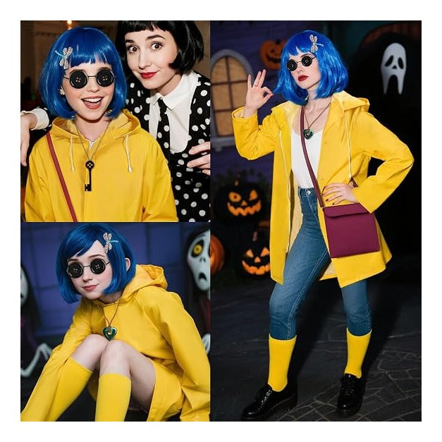 Mystical Adventure Costume Set for Women & Teens, Blue Wig, Yellow Raincoat & Socks, Crossbody Bag, Button Glasses, Key Necklace– Perfect for Halloween, Cosplay Themed Parties