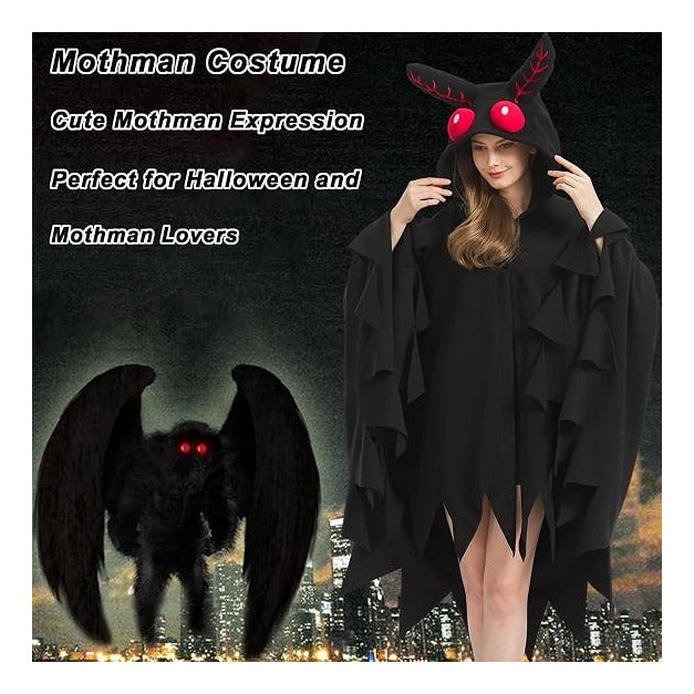 Adult Mothman Costume Halloween Poncho Cosplay Hooded Cape