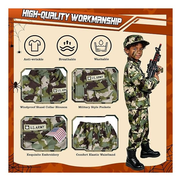 Kids Army Costume for Boys - 14 PCS Soldier Halloween Costume for Boys
