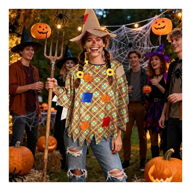 Costume Women with Scarecrow Hat Poncho and Face Decals Sunflowers Leaves for Halloween Thanksgiving Party