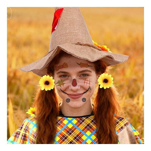 Costume Women with Scarecrow Hat Poncho and Face Decals Sunflowers Leaves for Halloween Thanksgiving Party