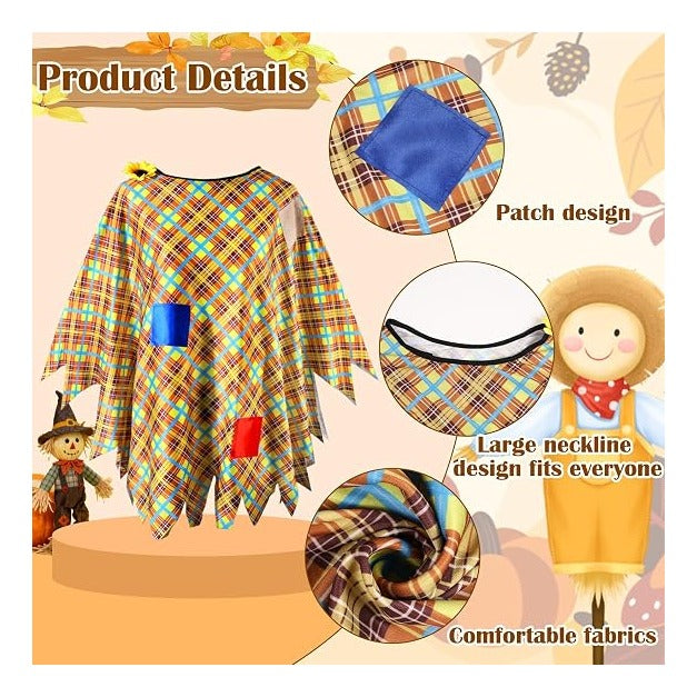 Costume Women with Scarecrow Hat Poncho and Face Decals Sunflowers Leaves for Halloween Thanksgiving Party