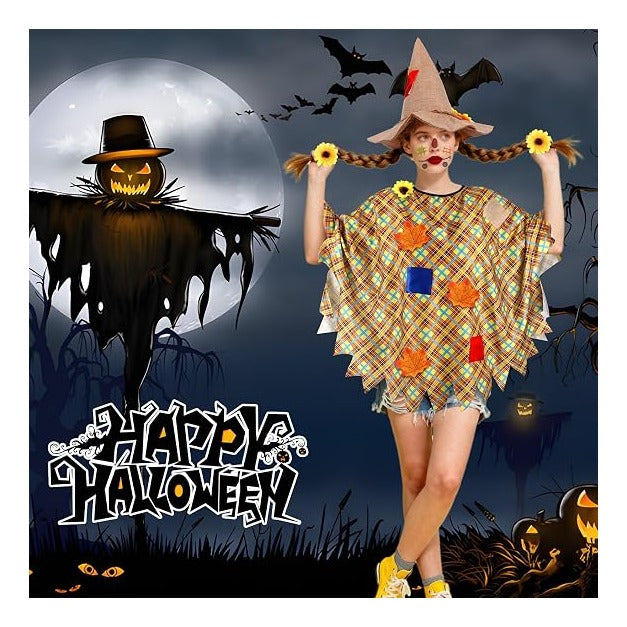 Costume Women with Scarecrow Hat Poncho and Face Decals Sunflowers Leaves for Halloween Thanksgiving Party