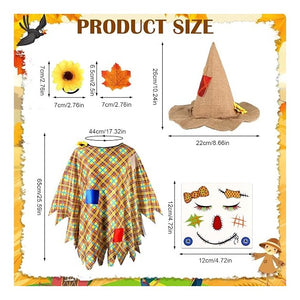 Costume Women with Scarecrow Hat Poncho and Face Decals Sunflowers Leaves for Halloween Thanksgiving Party