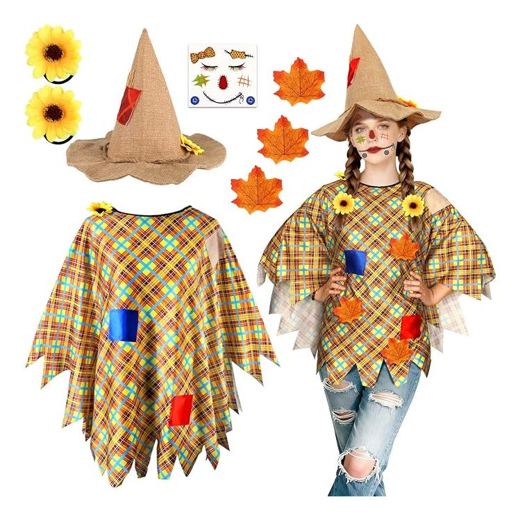 Costume Women with Scarecrow Hat Poncho and Face Decals Sunflowers Leaves for Halloween Thanksgiving Party