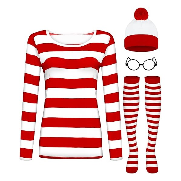 Halloween Costume Sets, Halloween Women Cosplay Red White Striped Shirt Beanie Cap Glasses Socks for Halloween Party